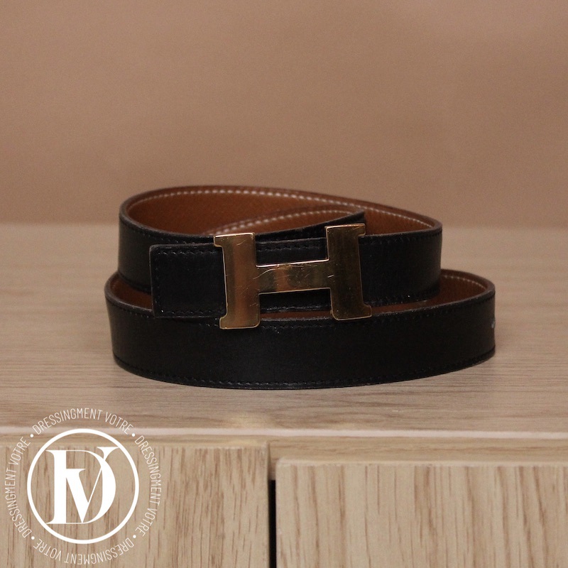Ceinture réversible boucle H en cuir gold/noir t.72 – Hermès – Image 2