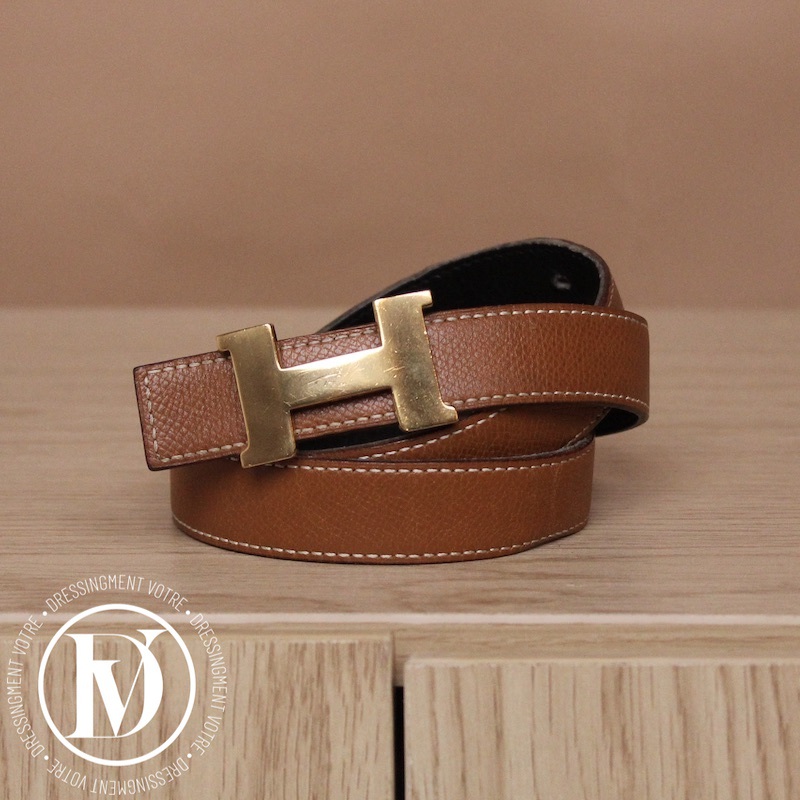 Ceinture réversible boucle H en cuir gold/noir t.72 – Hermès
