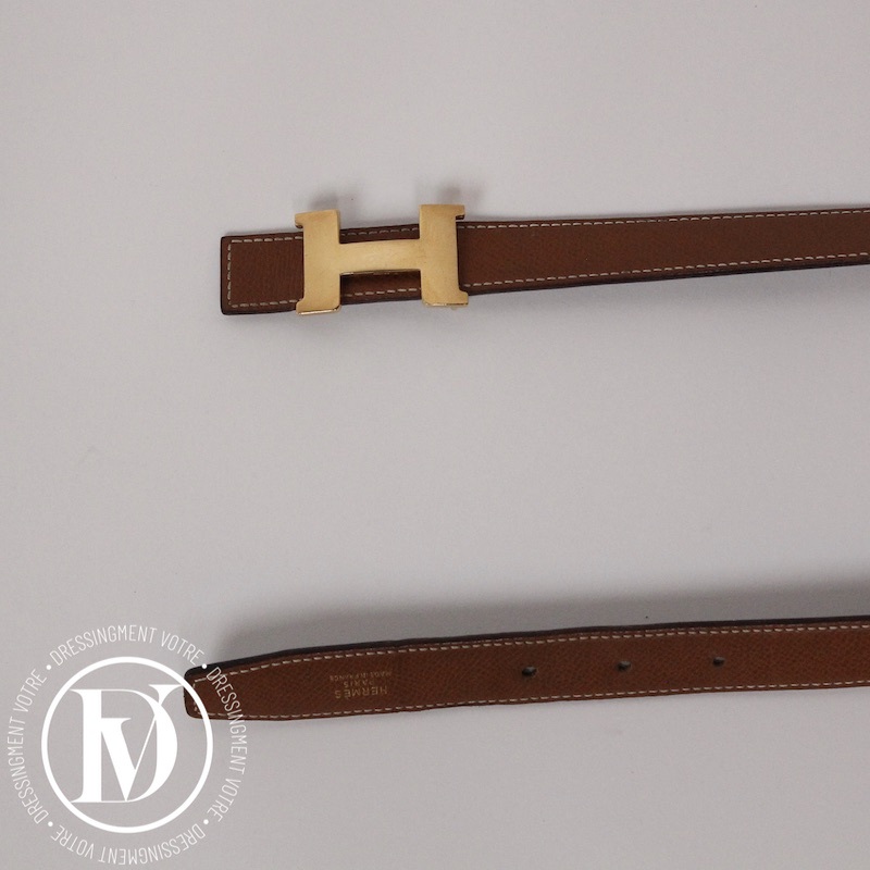 Ceinture réversible boucle H en cuir gold/noir t.72 – Hermès – Image 4