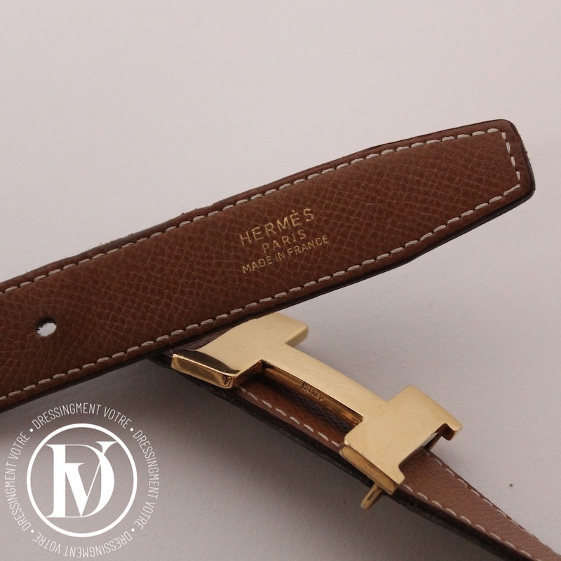 Ceinture réversible boucle H en cuir gold/noir t.72 – Hermès – Image 5